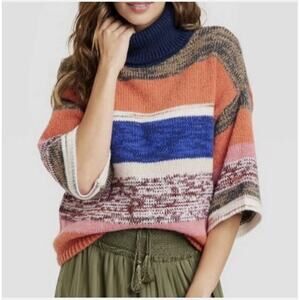 KNOX ROSE Orange Blue Striped Oversized Turtleneck 3/4 Sleeve Sweater Sz MEDIUM